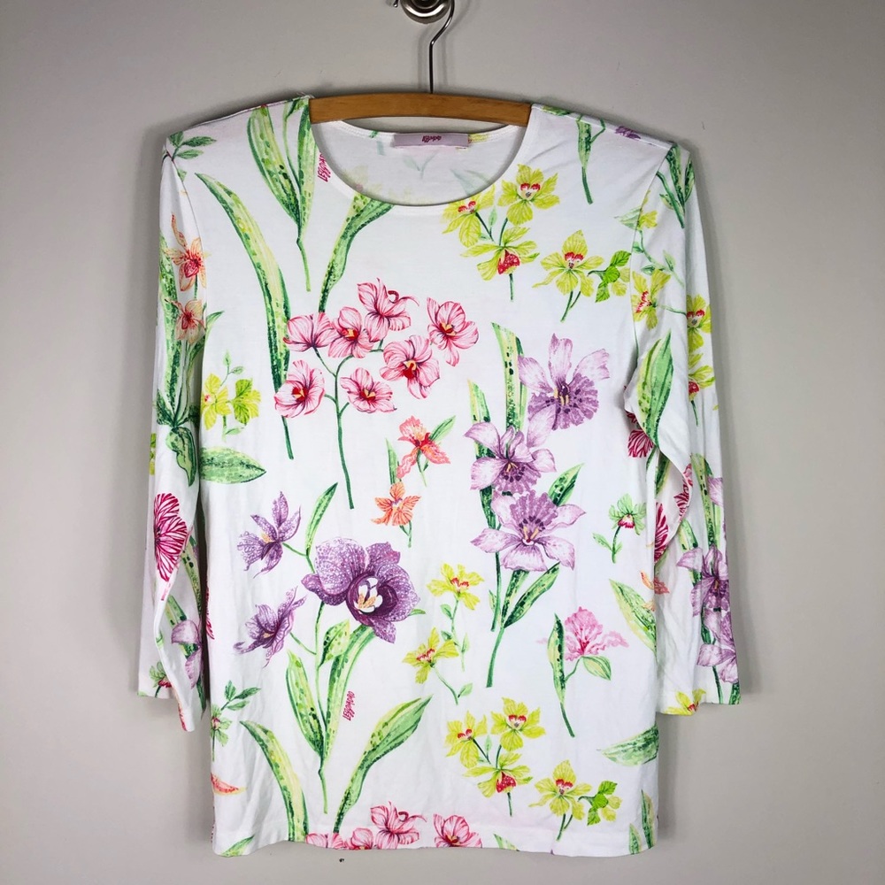 Leggiardo Designer Floral Top 3/4 Sleeves White 94